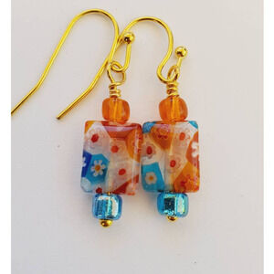 Orange and Blue Glass Millefiori Earrings 1 inch Gold Tone Findings Handmade